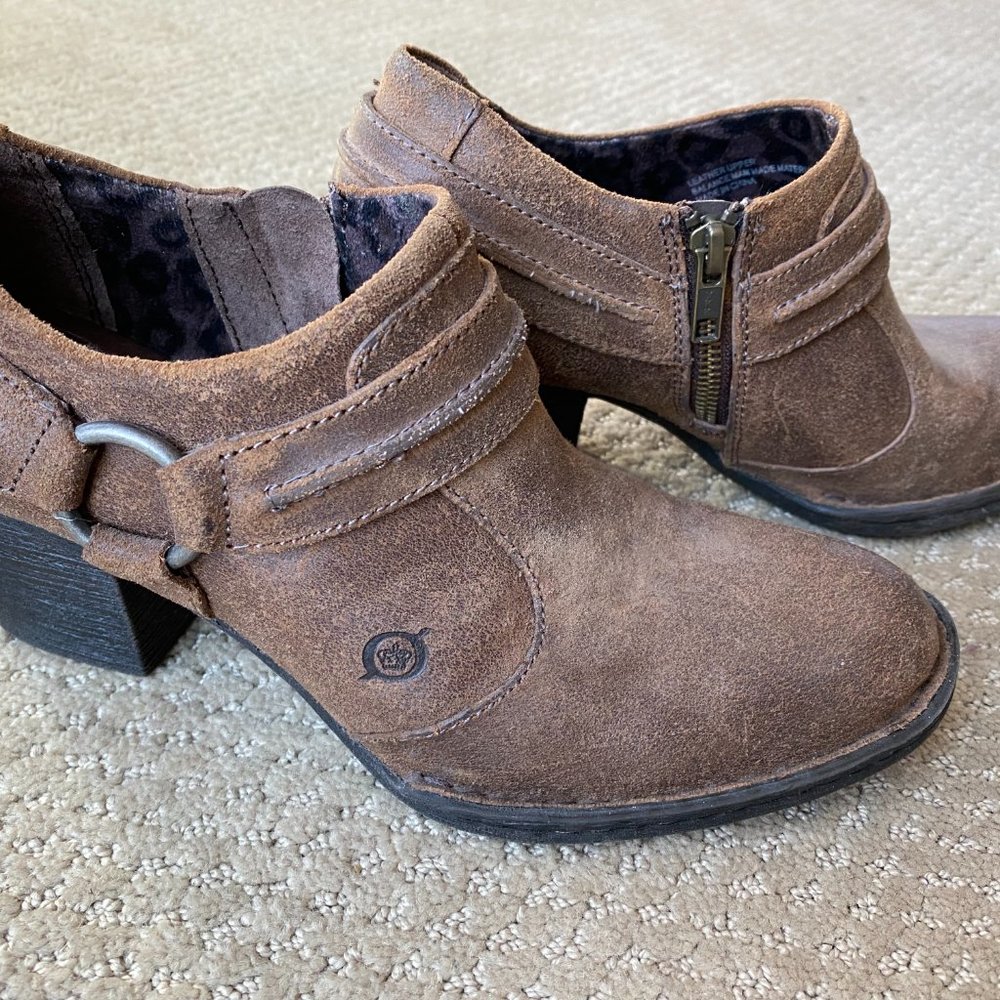 New Born Shelby Ankle Booties Brown Leather Block Heel Slip On